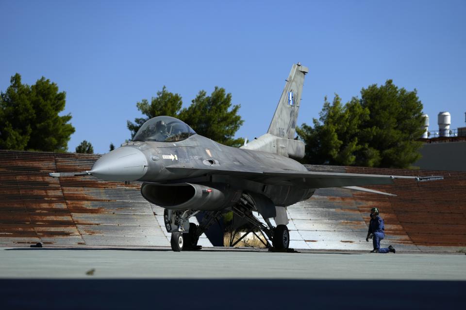 A Greek Fighter Jet F-16 Viper prepares for takeoff at Tanagra air force base about 74 kilometres (46 miles) north of Athens, Greece, Monday, Sept. 12, 2022. Greece's air force on Monday took delivery of a first pair of upgraded F-16 military jets, under a $1.5 billion program to fully modernize its fighter fleet amid increasing tension with neighboring Turkey. (AP Photo/Thanassis Stavrakis)