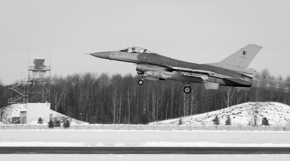 A Belgian F-16 fighter plane takes off from &#xc4;mari Air Base in Estonia.