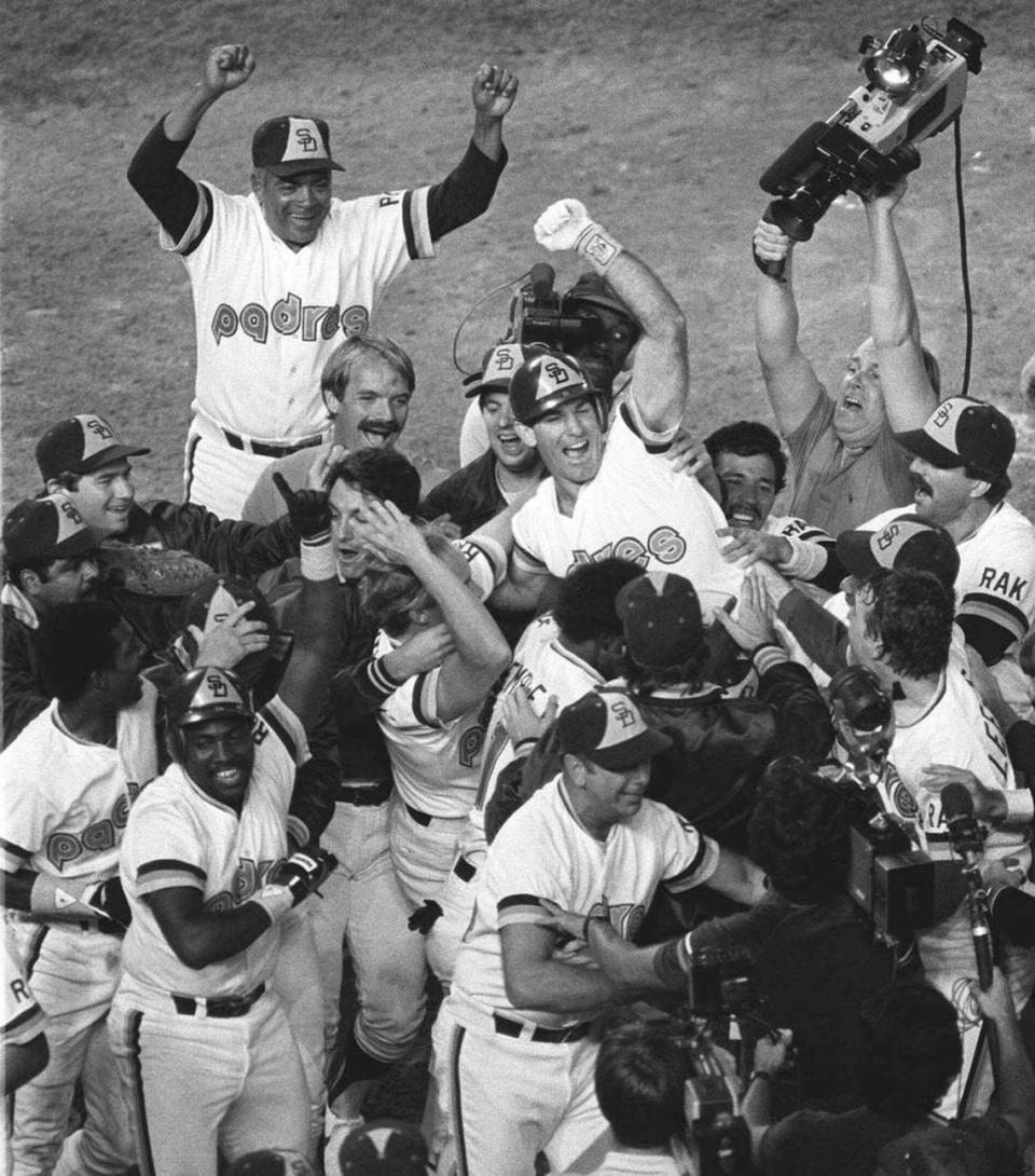 The San Diego Padres carry Steve Garvey off the field after Garvey’s walkoff home run in Game 4 of the 1984 National League Championship Series. San Diego rallied from a 2-0 deficit to win the best-of-five series against the Cubs.