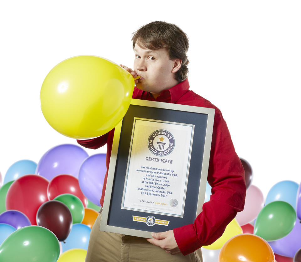 Hunter Ewen holds the record for most balloons blown up in an hour: 910.