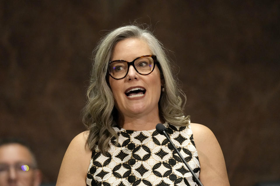 Arizona Democratic Gov. Katie Hobbs speaks as she delivers the State of the State address at the state Capitol, Monday, Jan. 8, 2024, in Phoenix. (AP Photo/Ross D. Franklin)