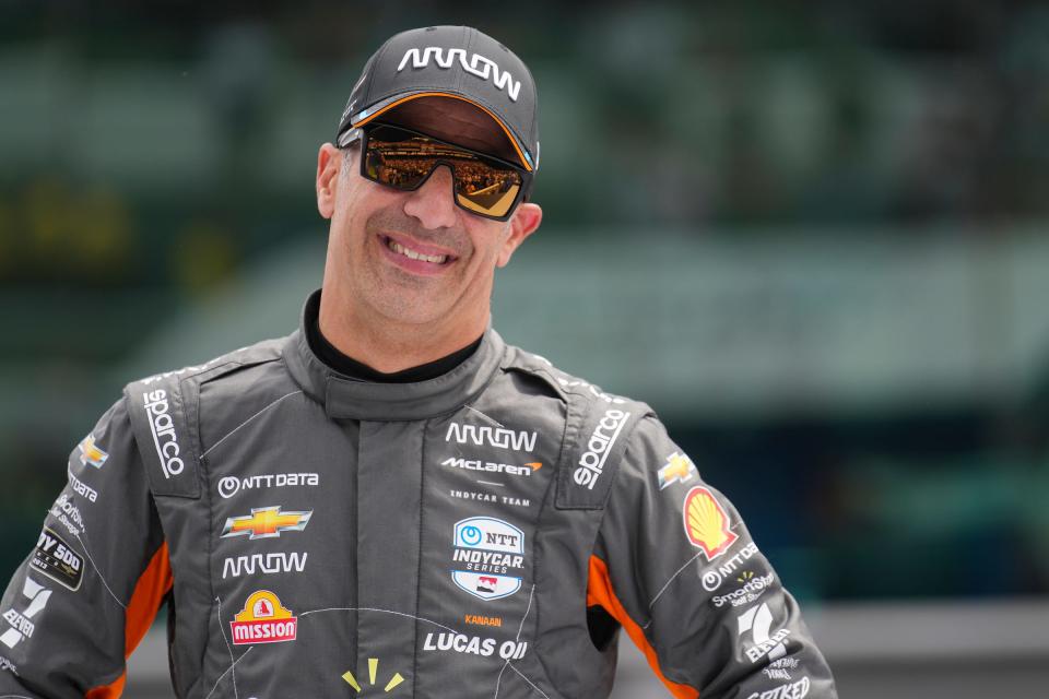 Arrow McLaren SP driver Tony Kanaan (66) tears up after watching a farewell video Sunday, May 28, 2023, before his final Indianapolis 500 at Indianapolis Motor Speedway. 