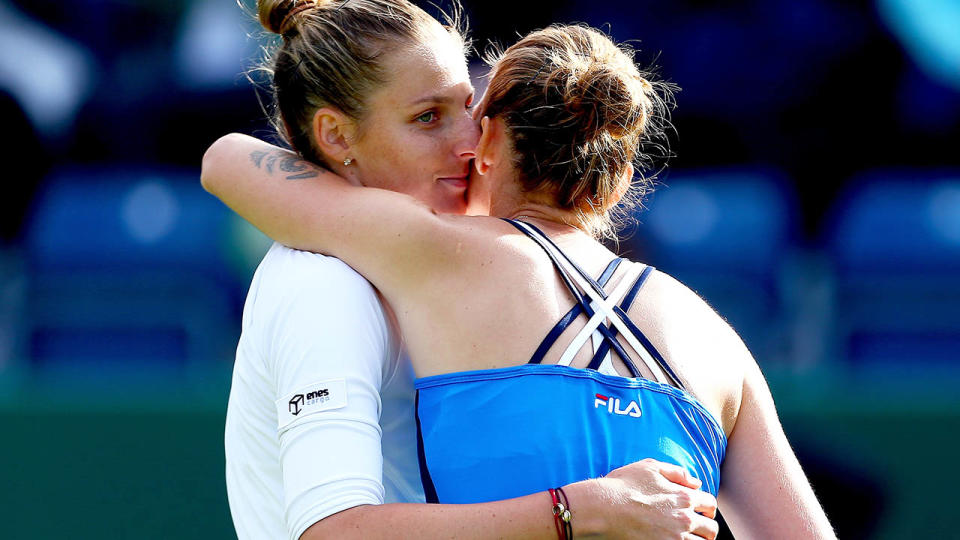 Kristyna Pliskova embraces sister Karolina after her win. (Photo by Jordan Mansfield/Getty Images for LTA)