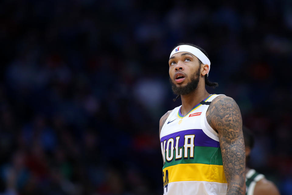 NEW ORLEANS, LOUISIANA - FEBRUARY 04: Brandon Ingram #14 of the New Orleans Pelicans reacts against the Milwaukee Bucks during a game at the Smoothie King Center on February 04, 2020 in New Orleans, Louisiana. NOTE TO USER: User expressly acknowledges and agrees that, by downloading and or using this Photograph, user is consenting to the terms and conditions of the Getty Images License Agreement. (Photo by Jonathan Bachman/Getty Images)