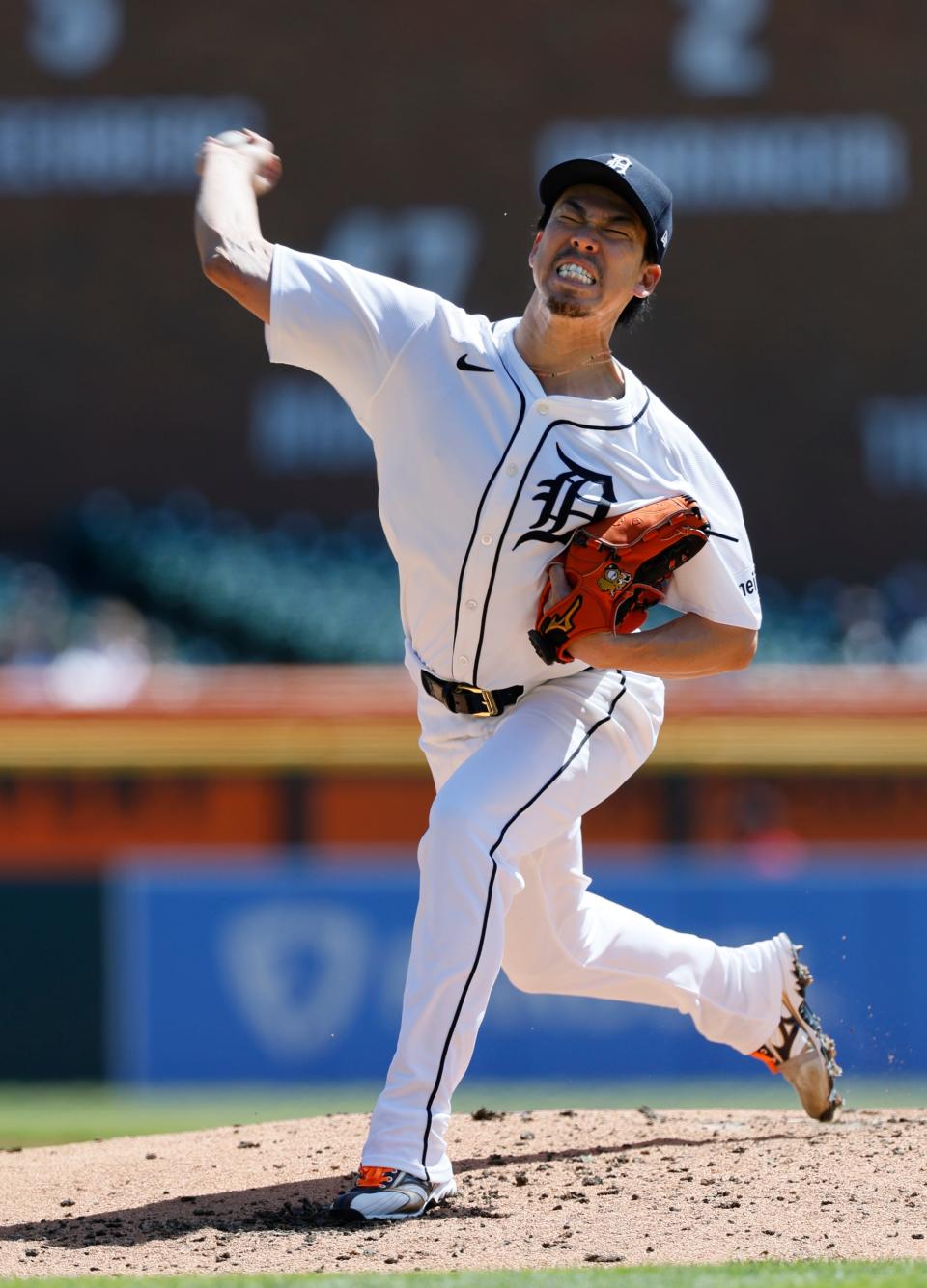 Kenta Maeda of the Detroit Tigers pitches against the Texas Rangers during the second inning at Comerica Park on Thursday, April 18, 2024 in Detroit.