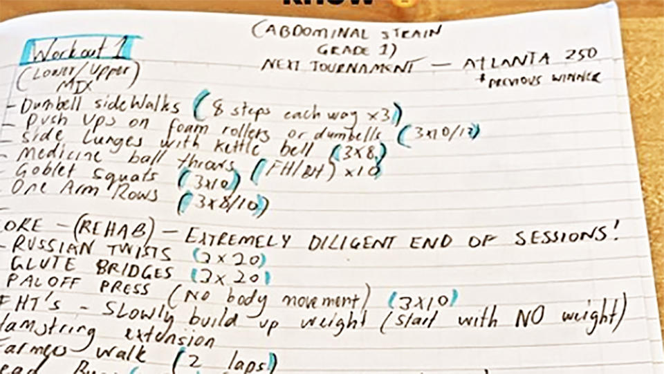 Nick Kyrgios' notes, pictured here saying his next tournament is the Atlanta Open.