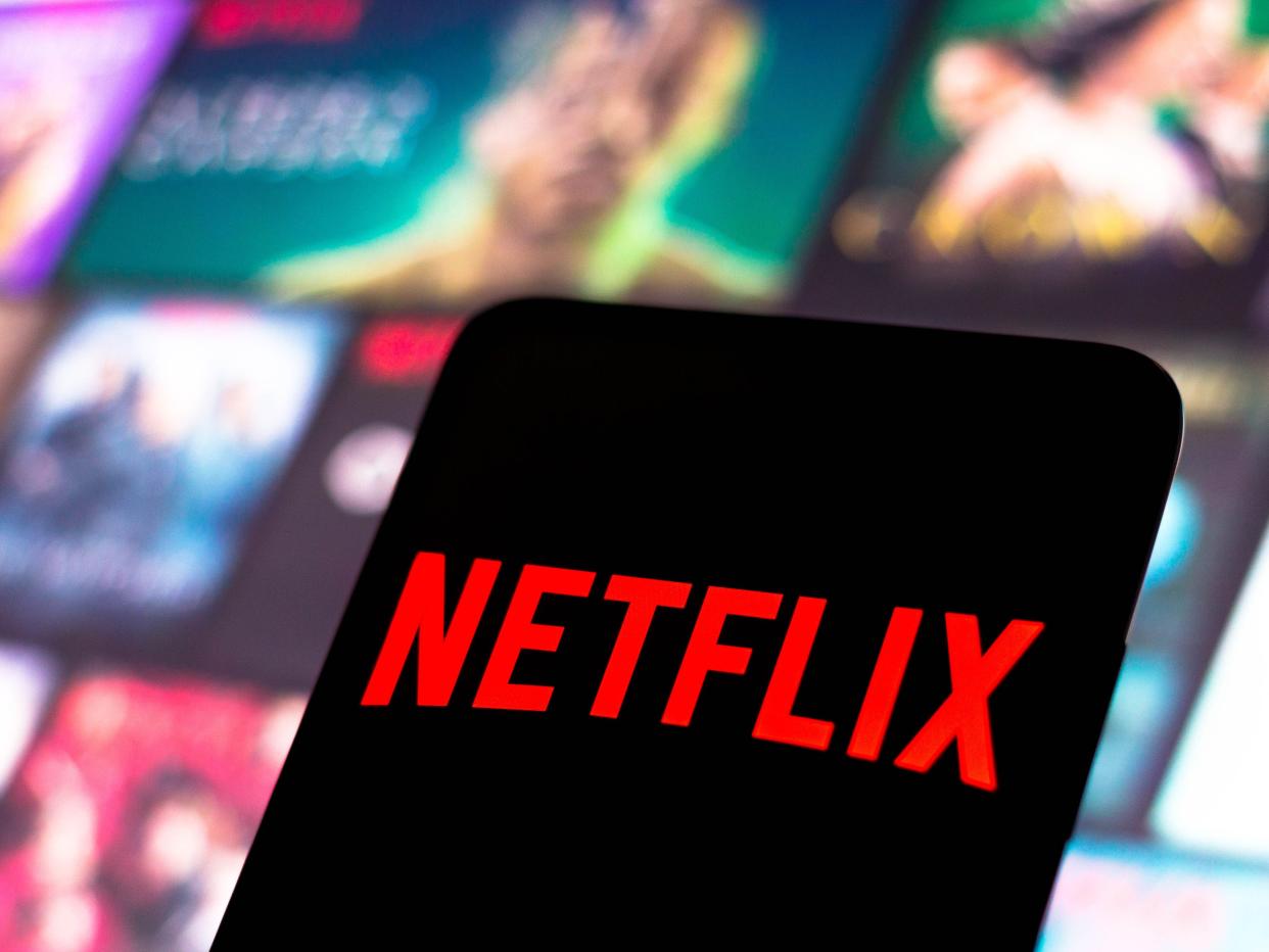 The Netflix logo is displayed on a smartphone screen.