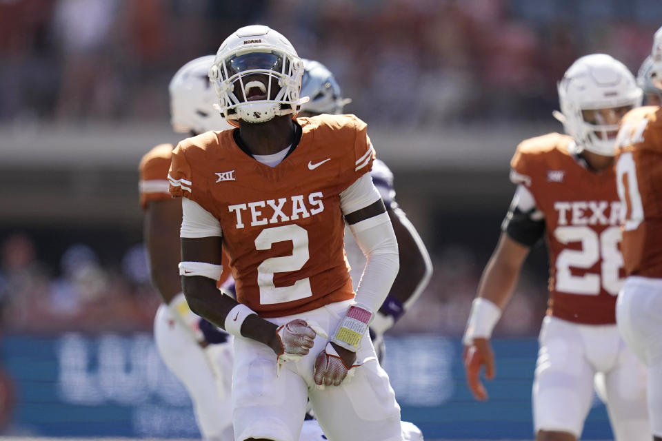 Texas defensive back Derek Williams Jr. (2) celebrates a stop against Kansas State during the second half of an NCAA college football game in Austin, Texas, Saturday, Nov. 4, 2023. (AP Photo/Eric Gay)