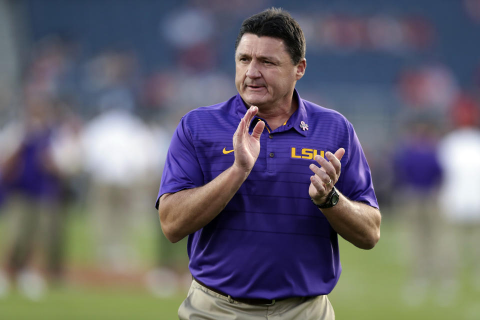 LSU head coach Ed Orgeron has rebounded nicely since a shocking loss to Troy, but Alabama still looms. (AP)