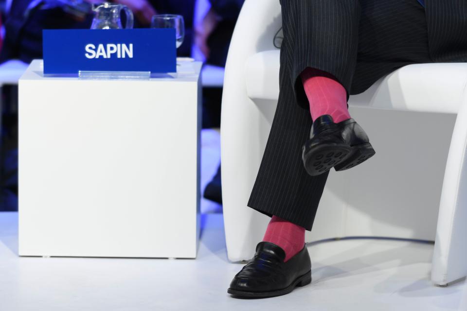 <p>The French finance minister is also a fan of bright footwear. Here, Sapin wears a pink pain at the annual meeting of the World Economic Forum on January 19, 2017 in Davos, Switzerland.</p>