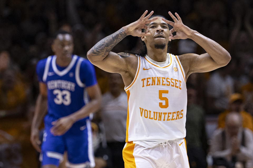Tennessee guard Zakai Zeigler (5) reacts after hitting a 3-point basket during the second half of an NCAA college basketball game against Kentucky, Saturday, March 9, 2024, in Knoxville, Tenn. (AP Photo/Wade Payne)