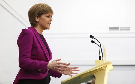 Scotland's First Minister Nicola Sturgeon speaks during an election campaign at Forestbank Community, Centre Livingston, Scotland, April 7 2015. REUTERS/Russell Cheyne