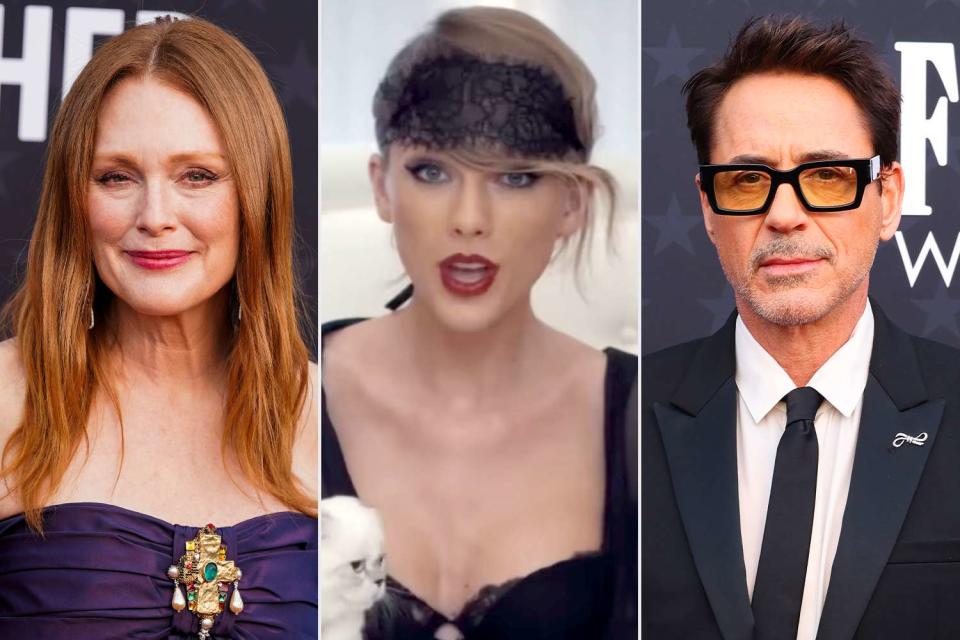 <p>Presley Ann/Getty; Taylor Swift/YouTube, Matt Winkelmeyer/Getty</p> Julianne Moore, Taylor Swift and Robert Downey Jr.