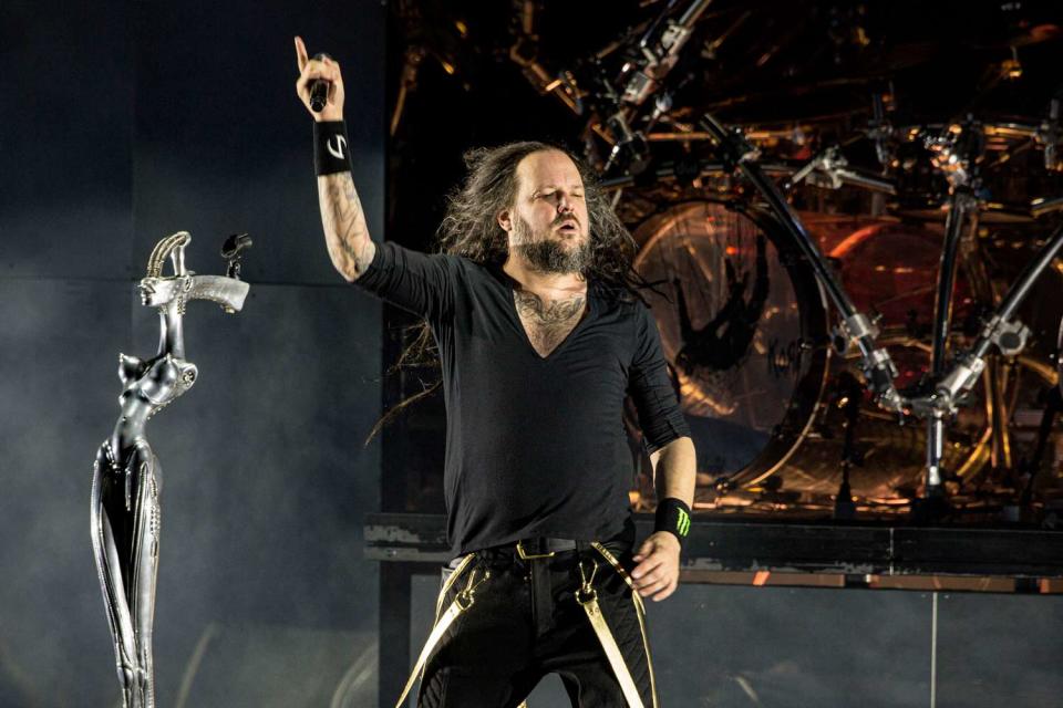 <p>Daniel Knighton/Getty</p> Jonathan Davis of Korn performing at  North Island Union Amphitheatre on Sept. 2, 2019 in Chula Vista, California