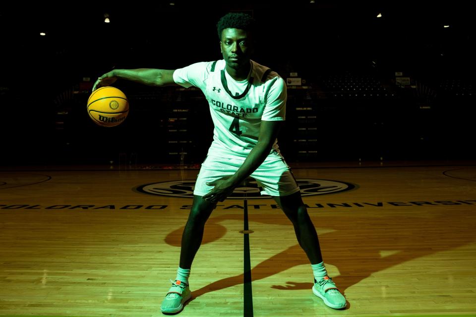 Colorado State men's basketball player Isaiah Stevens poses for a portrait at Moby Arena on Feb. 23.