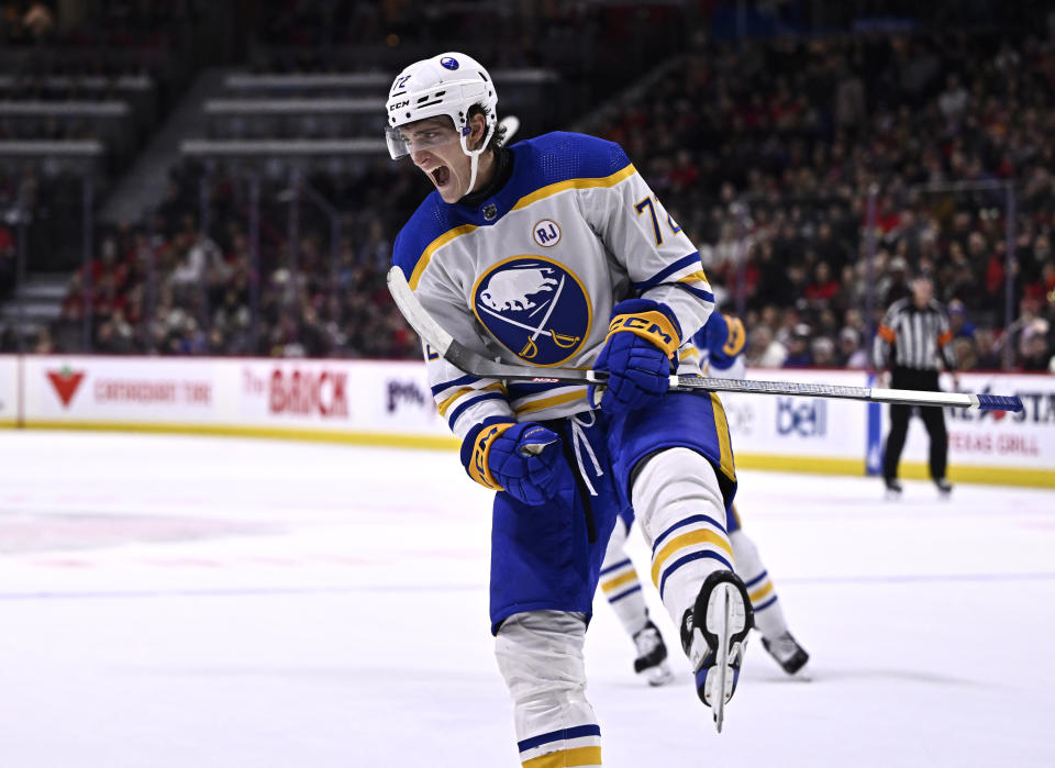 Buffalo Sabres right wing Tage Thompson celebrates after his goal against the Ottawa Senators during first-period NHL hockey game action in Ottawa, Ontario, Sunday, Dec. 31, 2023. (Justin Tang/The Canadian Press via AP)