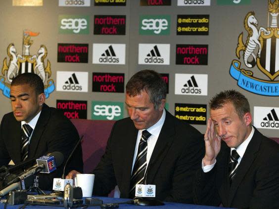 Newcastle's Kieron Dyer, manager Graeme Souness and Lee Bowyer (PA)