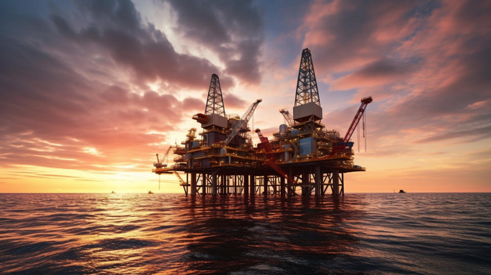 An offshore oil installation platform, its production arm reaching out to the horizon.