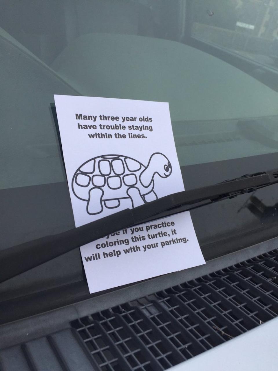 <p>Passive-aggressive message compared motorist’s parking skills to a three-year-old’s</p>