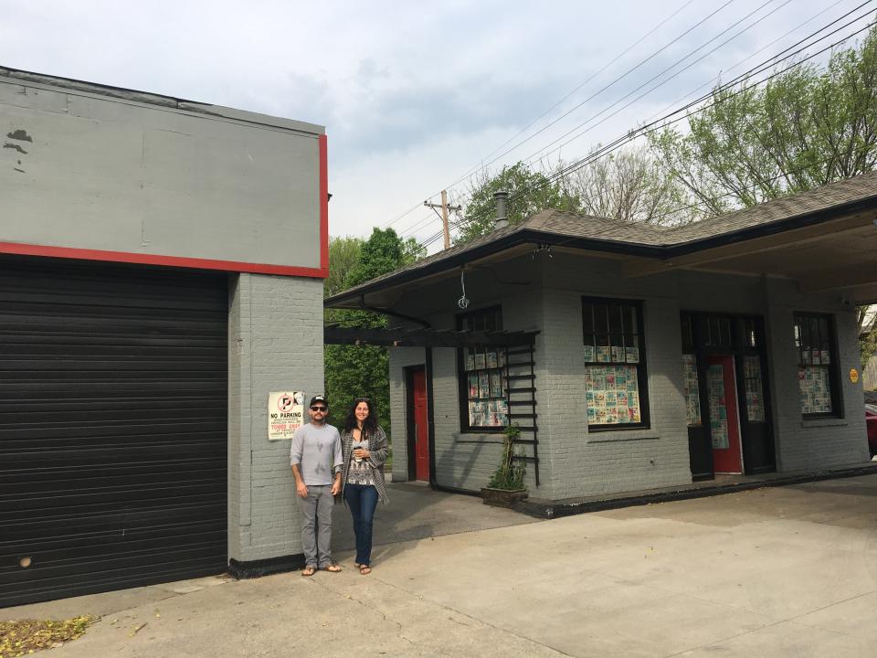 Natasha Sud and Gerald Dickerson pose outside of an old filling station at 950 Barret Avenue. This June they're planning to reopen the space as a bar and boutique mashup.