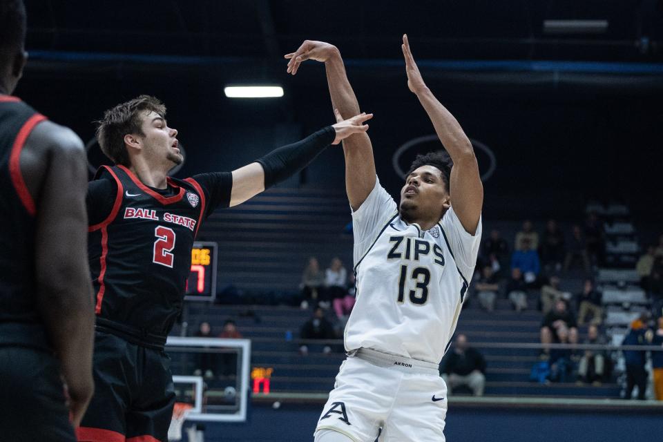 Akron's Xavier Castaneda shoots a 3-pointer against Ball State, Tuesday, Feb. 28, 2023, at Rhodes Arena.