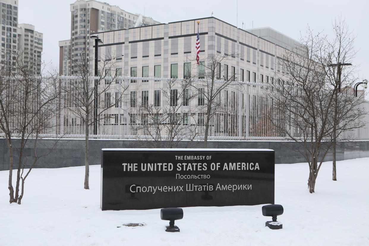 KIEV, UKRAINE - JANUARY 24: Embassy of the United States of America after US ordered family members of embassy staff to leave Ukraine on January 24, 2022, in Kiev, Ukraine. (Photo by Stringer/Anadolu Agency via Getty Images)