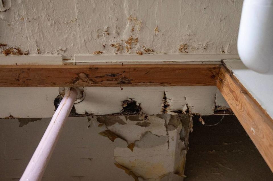 Water damage is visible in one of the old locker rooms, now repurposed as a girls’ bathroom, at Central Middle School on Tuesday, April 16, 2024, in Kansas City, Kansas.