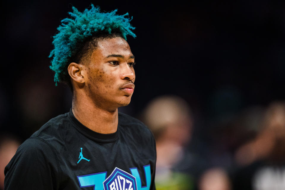 CHARLOTTE, NORTH CAROLINA - FEBRUARY 25: Kai Jones #23 of the Charlotte Hornets warms up before their game against the Miami Heat at Spectrum Center on February 25, 2023 in Charlotte, North Carolina. NOTE TO USER: User expressly acknowledges and agrees that, by downloading and or using this photograph, User is consenting to the terms and conditions of the Getty Images License Agreement. (Photo by Jacob Kupferman/Getty Images)