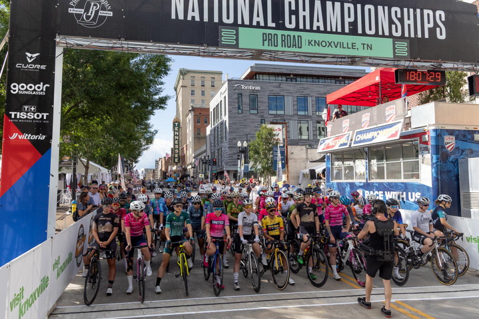 Women's field on the starting line on Gay Street in Knoxville