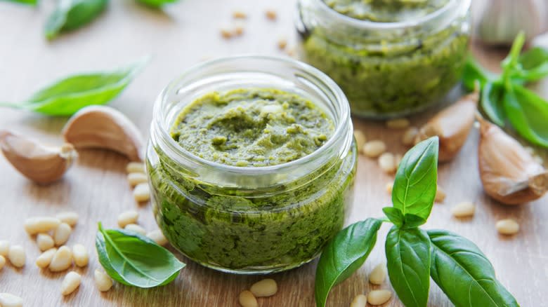 glass jars of pesto