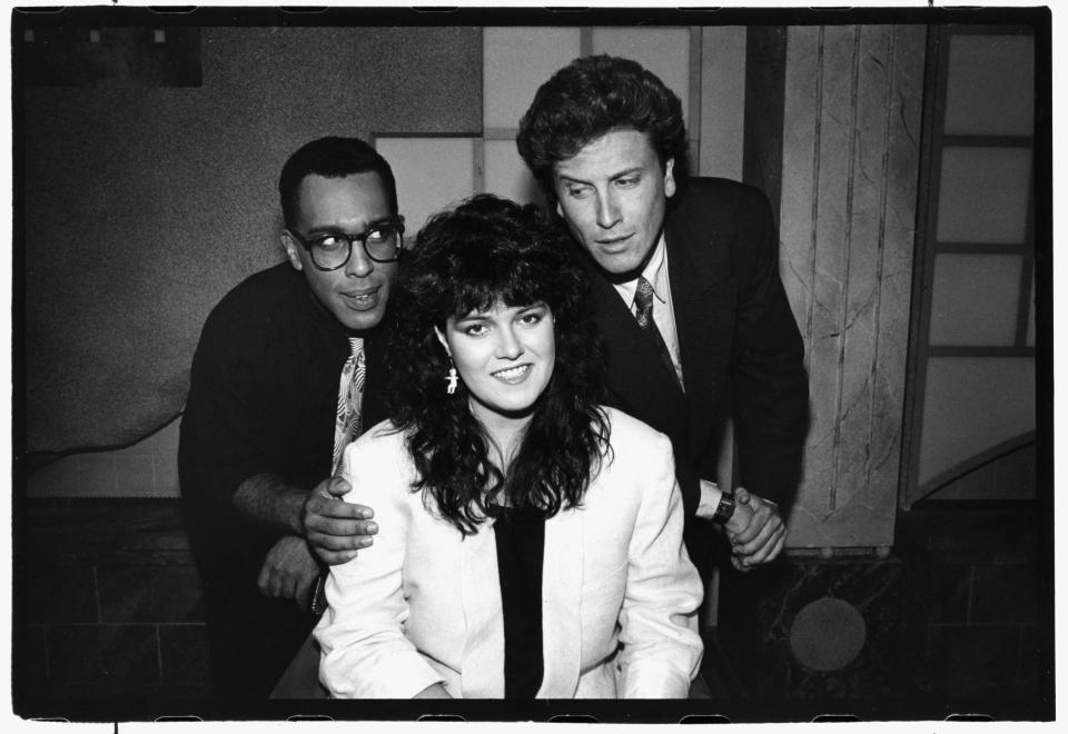 L-R: VH1 VJ's Bobby Rivers, Rosie O'Donnell and Roger Rose pose for a portrait in July 1988 in New York City