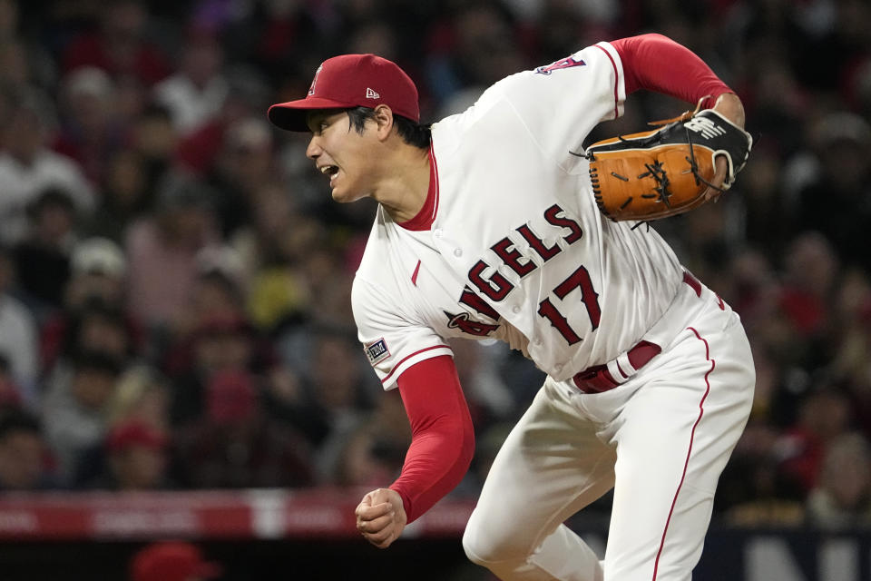 Los Angeles Angels starting pitcher Shohei Ohtani throws to the plate during the sixth inning of a baseball game against the Miami Marlins Saturday, May 27, 2023, in Anaheim, Calif. (AP Photo/Mark J. Terrill)