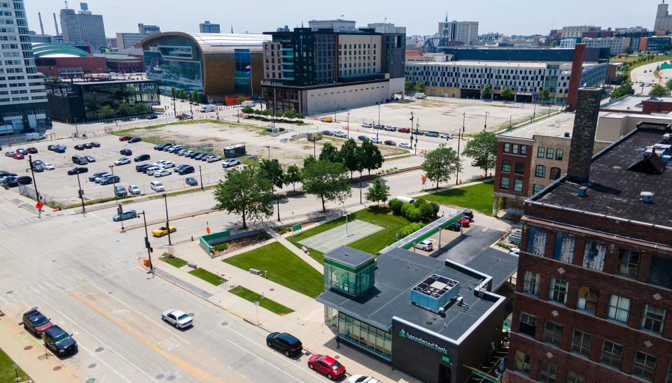 Zeidler Union Square (lower center) Is set to be one of two RNC demonstration areas for the Republican Nation convention taking place at Fiserv Forum (upper-left), the UW-Milwaukee Panther Arena (below Fiserv) and the Baird Center (center-left) in Milwaukee from July 15 and ends July 18.