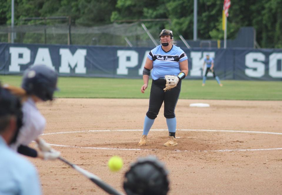 South Lenoir's Rebekah Howard delivers a pitch Wednesday night during the Blue Devils' 4-0 shutout of Washington in Game 1 of the regional series.