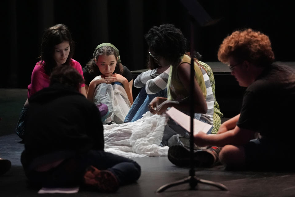 Benjamin Franklin High selective charter school playwriting class students rehearse for their play "The Capitol Project" at Benjamin Franklin High School in New Orleans, Thursday, March 21, 2024. (AP Photo/Gerald Herbert)