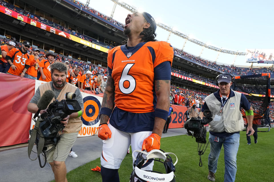 Denver Broncos safety P.J. Locke (6) celebrates after the Broncos defeated the Green Bay Packers in an NFL football game in Denver, Sunday, Oct. 22, 2023. (AP Photo/Jack Dempsey)