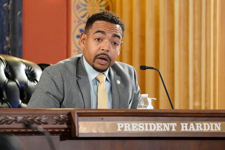 Columbus City Council President Shannon Hardin responds to public testimony Monday during council's meeting at City Hall.