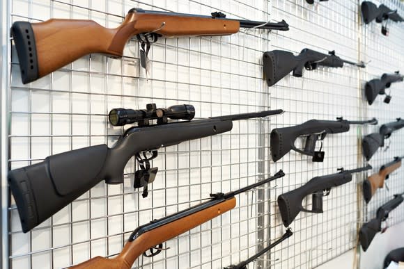 Guns on display at a store.