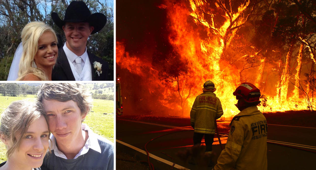 The fires in Australia have accounted for numerous deaths already; Patrick and Renee Salway (top left) and Samuel McPaul with his wife, Megan, who is pregnant with their first child. (Facebook, Getty)