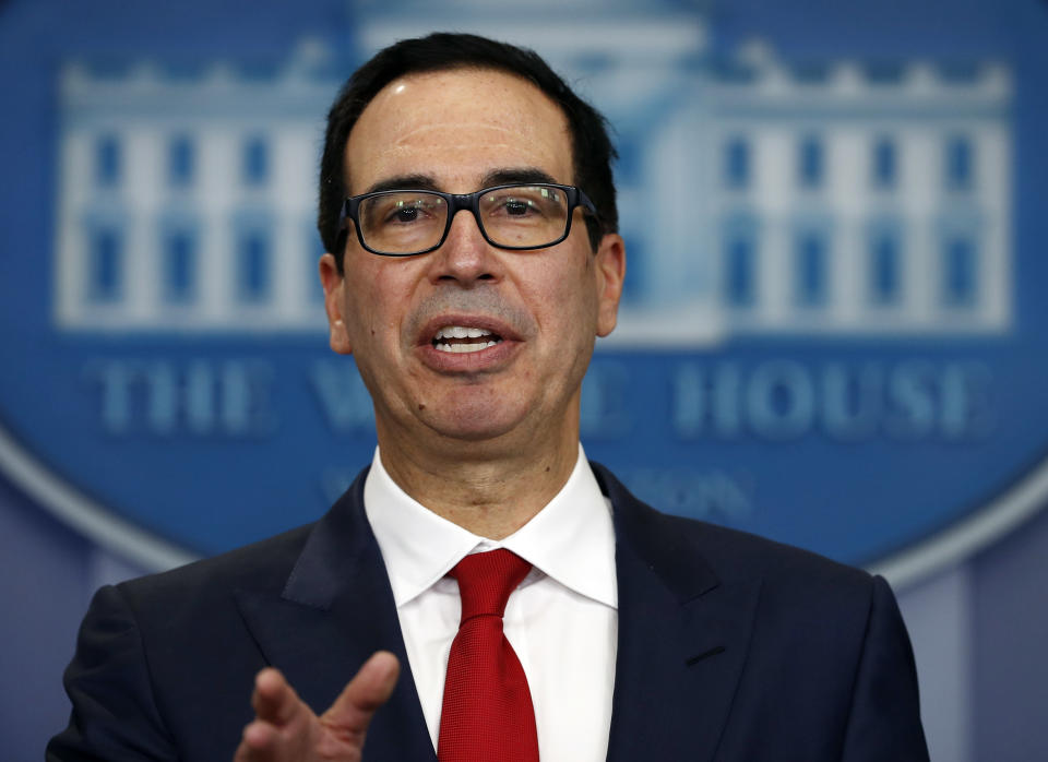 Treasury Secretary Steven Mnuchin speaks during a news briefing at the White House in Washington. Mnuchin is calling on Congress to combine a $7.9 billion disaster relief package for Hurricane Harvey with a contentious increase in the nation’s debt limit. (AP)