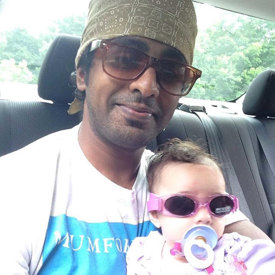 "Baby and papa trying out their new shades after arriving in USA from India! Hipster chic groovy!"