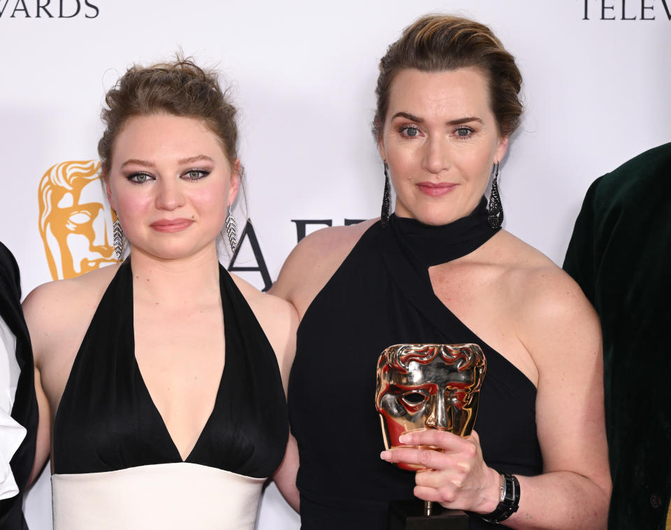 LONDON, ENGLAND - MAY 14: Mia Threapleton and Kate Winslet with the Single Drama Award for 'I Am Ruth' during the 2023 BAFTA Television Awards with P&O Cruises at The Royal Festival Hall on May 14, 2023 in London, England. (Photo by Karwai Tang/WireImage)