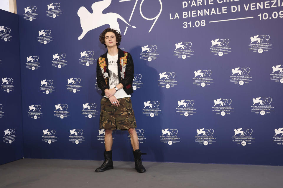 Timothee Chalamet poses for photographers at the photo call for the film 'Bones and All'during the 79th edition of the Venice Film Festival in Venice, Italy, Friday, Sept. 2, 2022. (Photo by Joel C Ryan/Invision/AP)