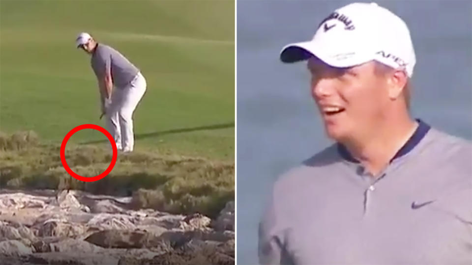 English golfer Callum Shinkwin is pictured laughing after an incredibly lucky shot bounced off rocks next to the 18th hole at the Omar Open.