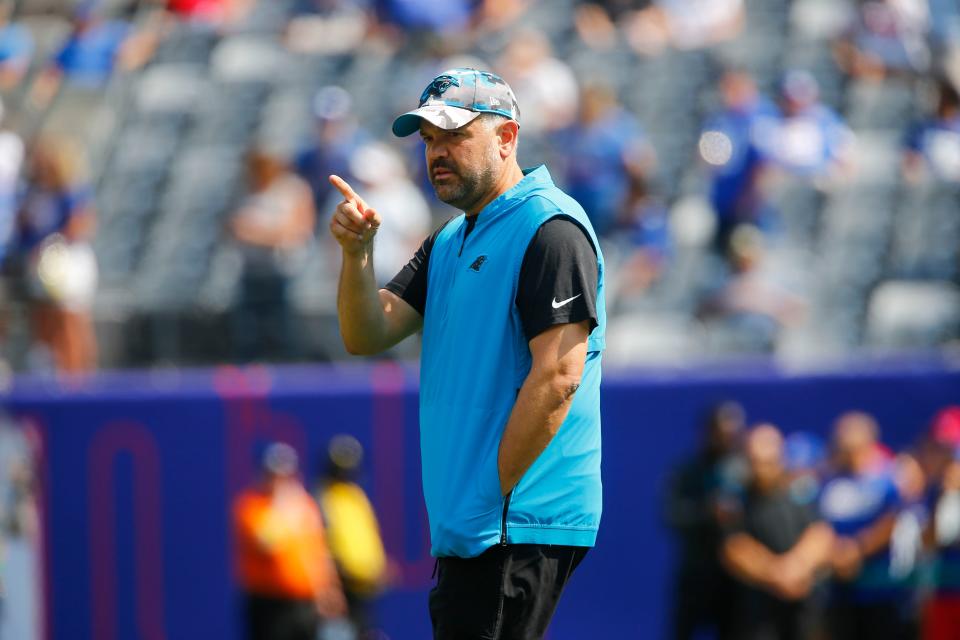 Carolina Panthers head coach Matt Rhule before an NFL football game against the New York Giants, Sunday, Sept. 18, 2022, in East Rutherford, N.J. (AP Photo/John Munson)