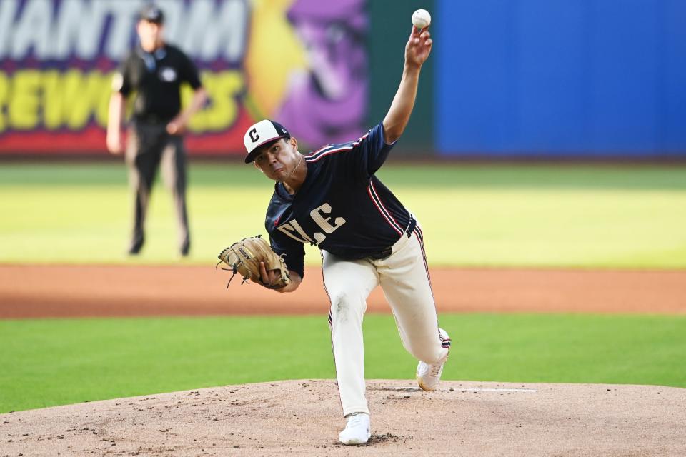 Cleveland Guardians starter Joey Cantillo (54) throws a pitch against the Baltimore Orioles on Saturday in Cleveland.