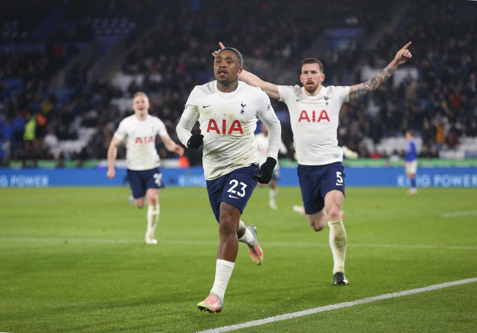 Tottenham Hotspur's Steven Bergwijn celebrates scoring his side's third goal during an EPL match against Leicester City on Jan. 19. (Rob Newell - CameraSport via Getty Images)