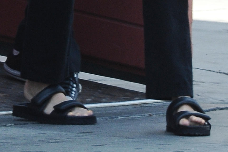 A closer view of Kendall Jenner’s sandals. - Credit: London Entertainment/Splash News