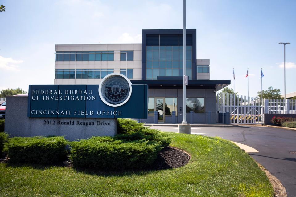 The entrance to the FBI headquarters in Cincinnati is shown Thursday, August 11, 2022. An armed man in body armor tried to breach a security screening area, then fled and exchanged gunfire in a standoff with law enforcement, authorities said.