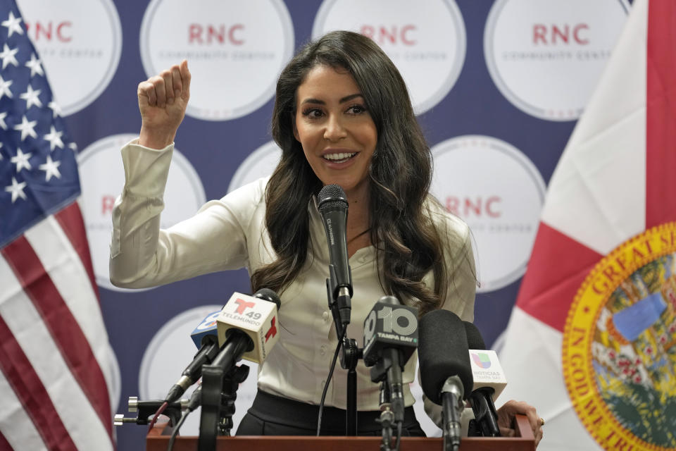 FILE - Anna Paulina Luna, Republican candidate for Florida Congressional District 13, speaks during a Get Out To Vote rally Oct. 18, 2022, in Tampa, Fla. Republicans increased their Latino representation in the House by adding Anna Paulina Luna, who has Mexican ancestry and won a newly redrawn district. (AP Photo/Chris O'Meara, File)